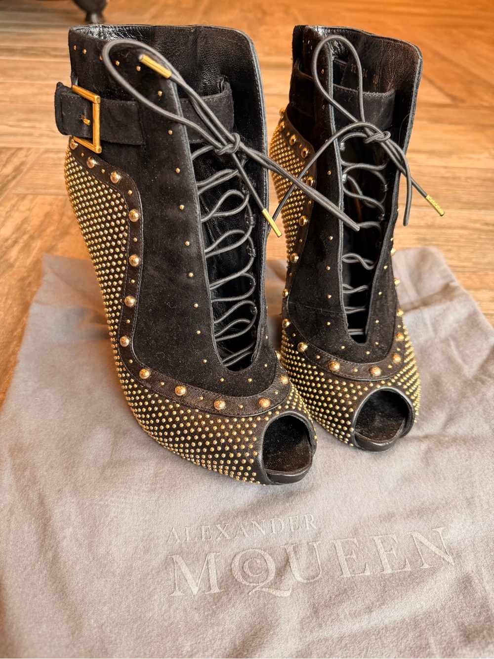 Alexander McQueen Black Suede Peep-Toe Studded Lace-Up Wedges with Gold Accents